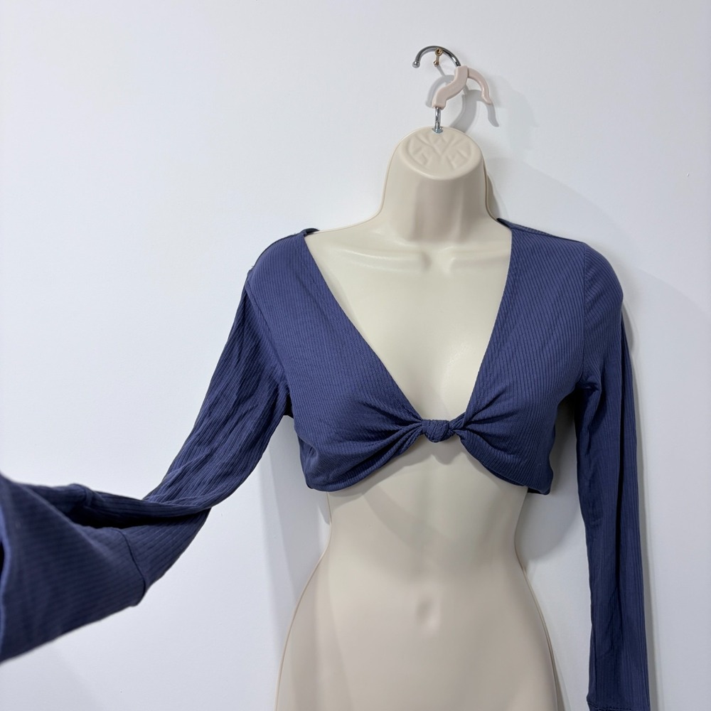 OFFLINE By Aerie Thumbs Up Bow Crop Top Women M Navy Blue Ribbed Modal SOFT LUXE